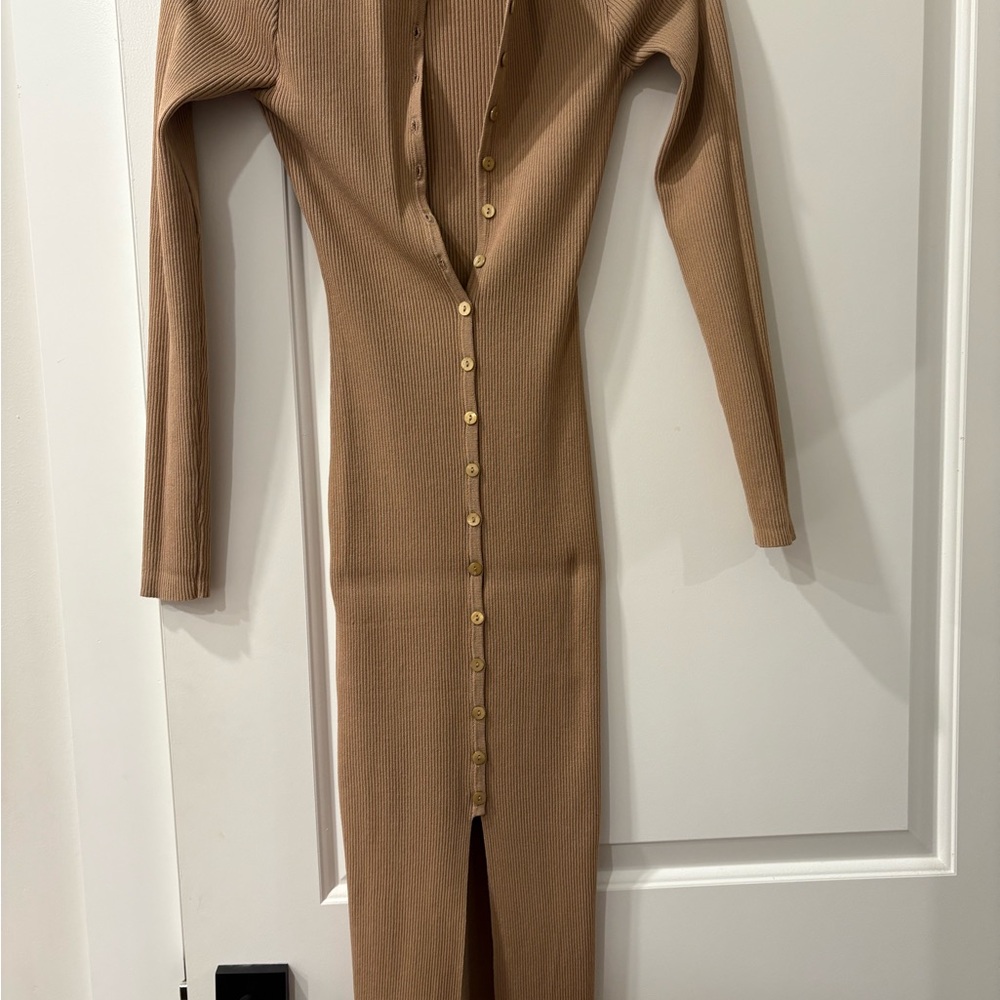 Beige Button-Down Ribbed Knit Dress